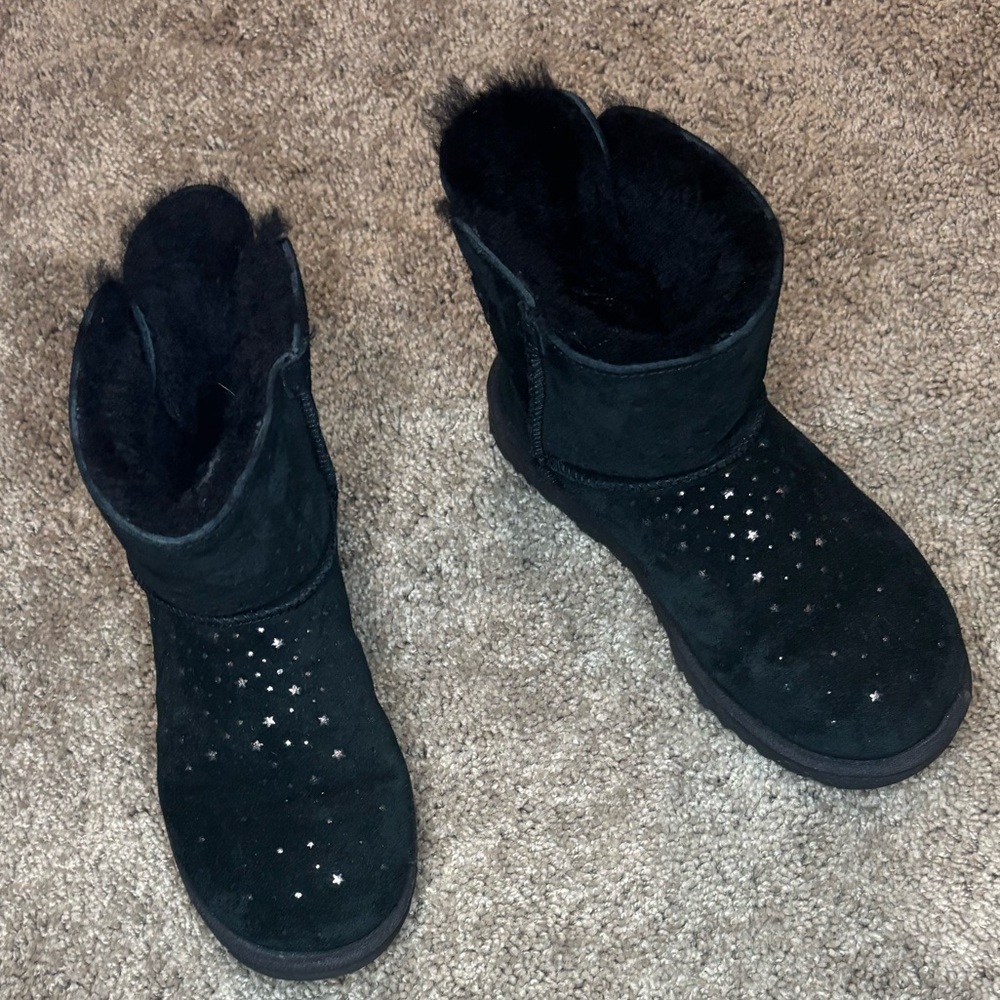 UGG Black Suede Short Boots with Star Stud Embellishments